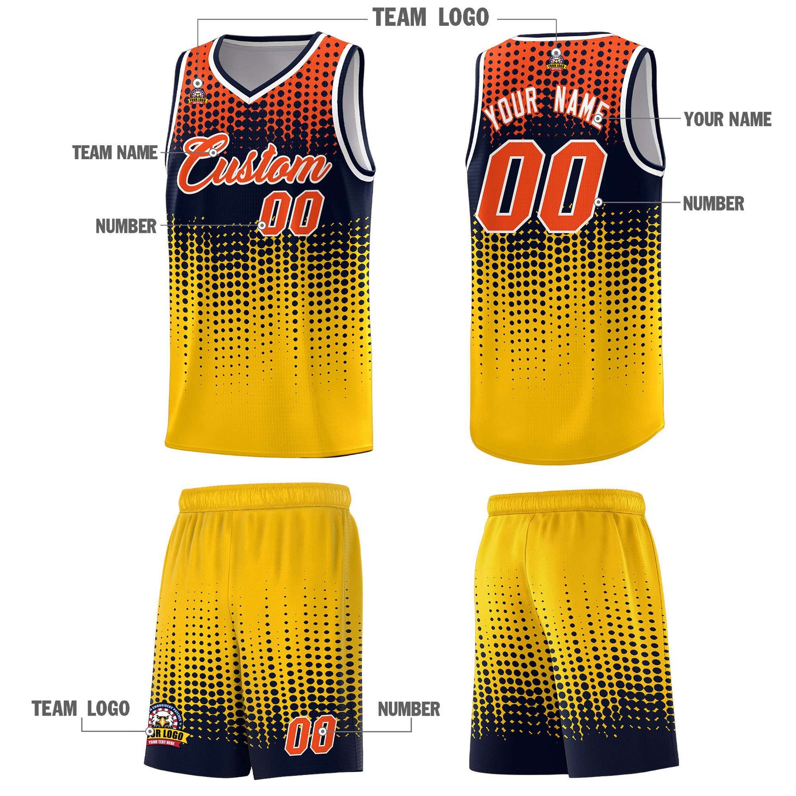 Custom Yellow Gradient Dots Design Pattern Sports Uniform Basketball Jersey