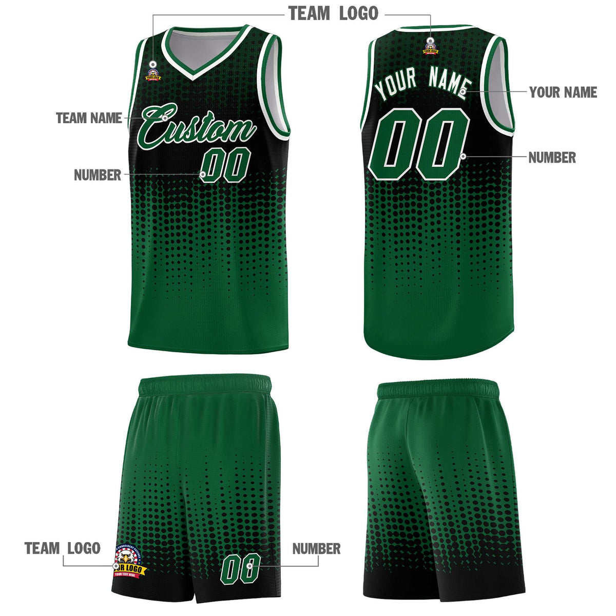 Custom Kelly Green Gradient Dots Design Pattern Sports Uniform Basketball Jersey