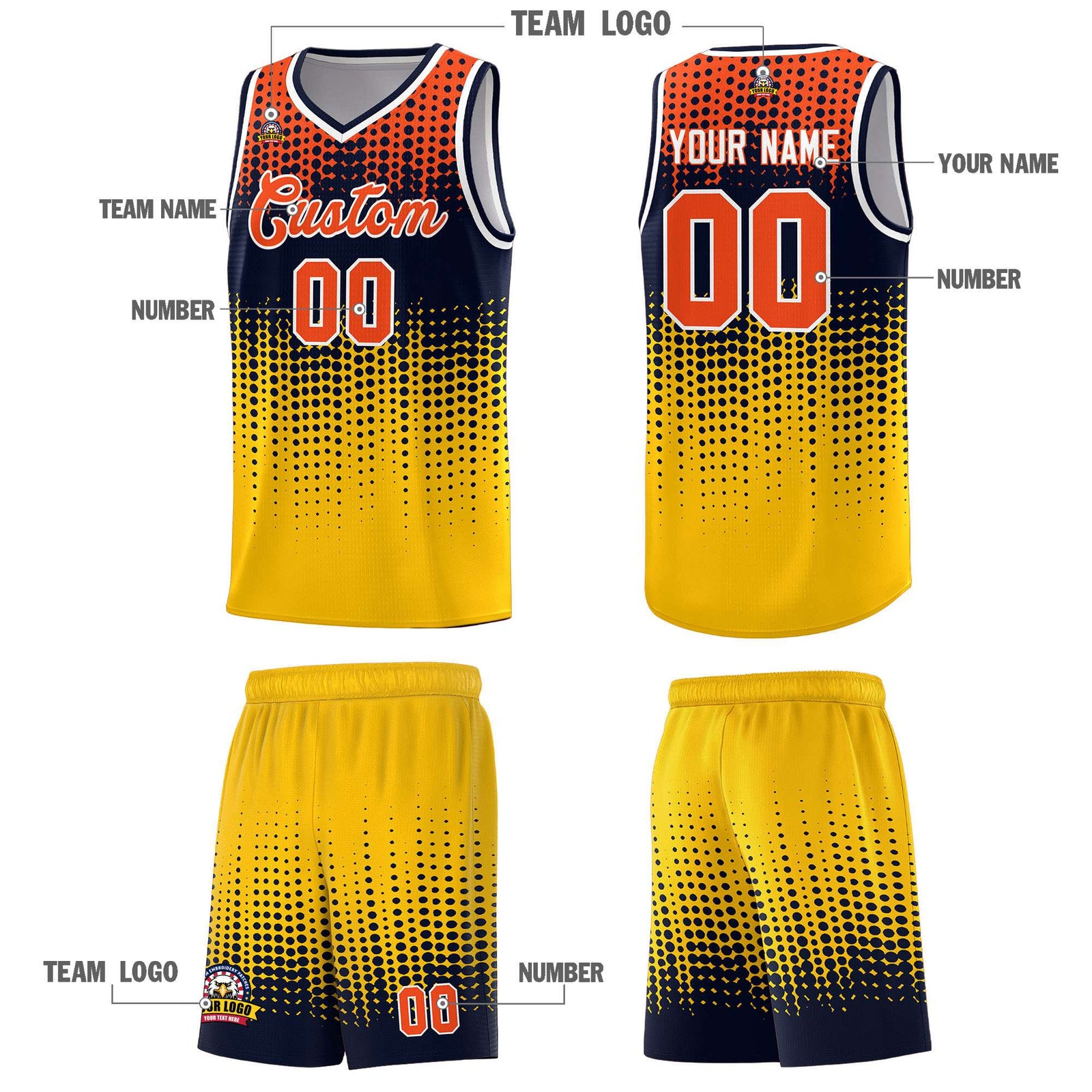 Custom Yellow Gradient Dots Design Pattern Sports Uniform Basketball Jersey