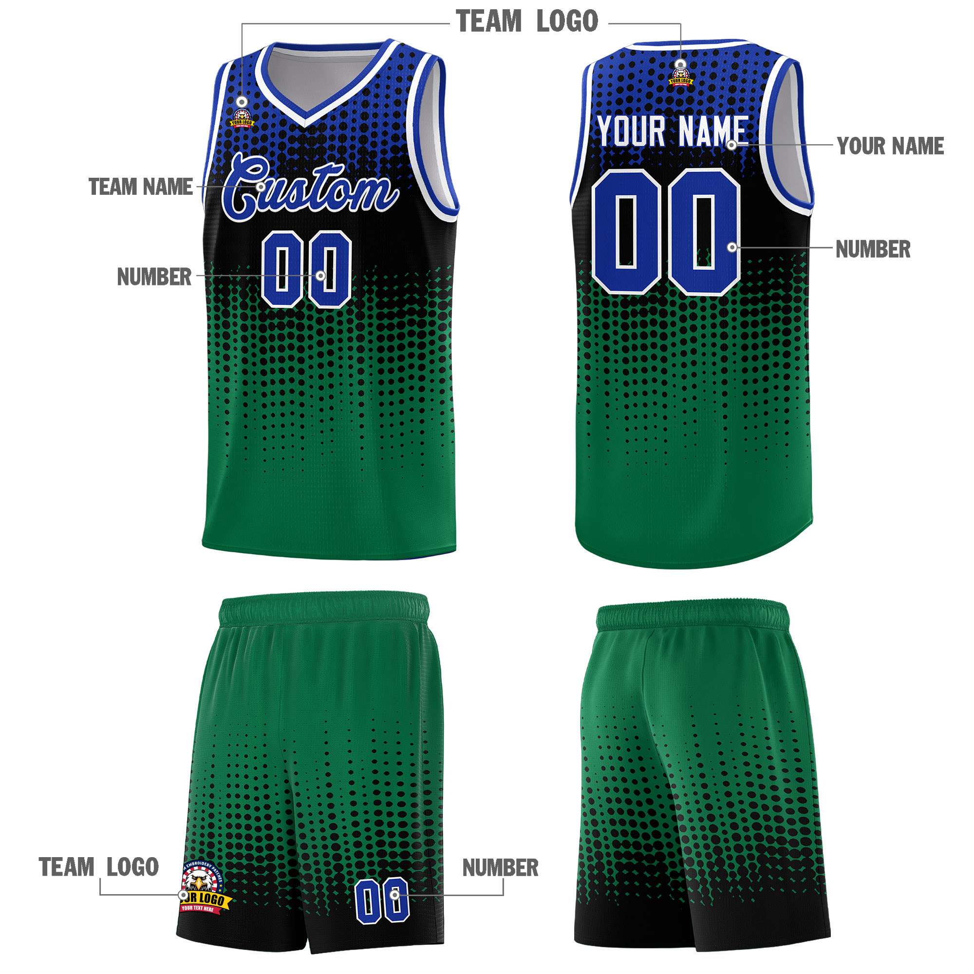 Custom Kelly Green Gradient Dots Design Pattern Sports Uniform Basketball Jersey