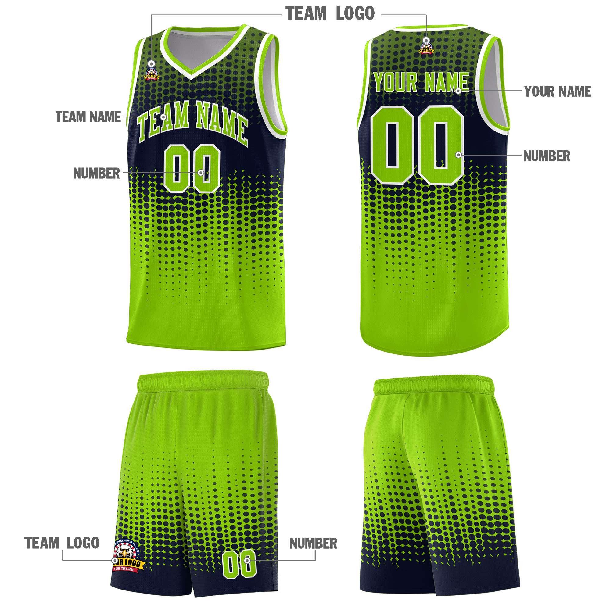 Custom Neon Green Gradient Dots Design Pattern Sports Uniform Basketball Jersey