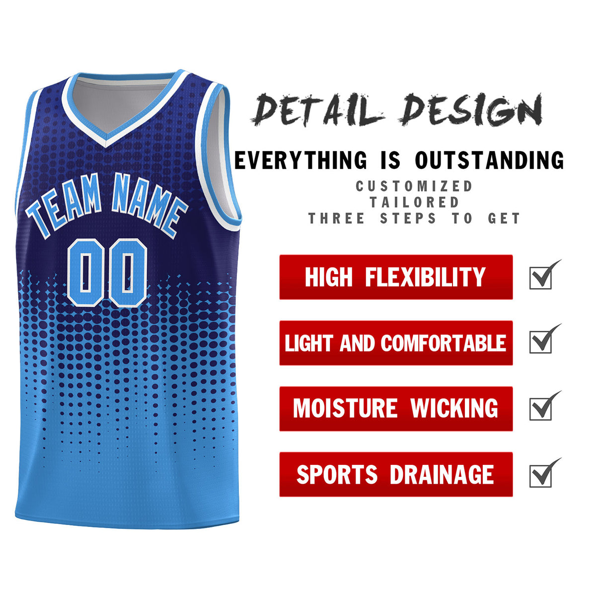 Custom Powder Blue Gradient Dots Design Pattern Sports Uniform Basketball Jersey