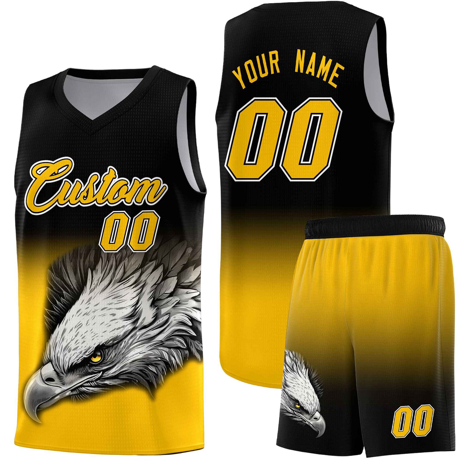 Custom Black Yellow Basketball Kits with Eagle Pattern