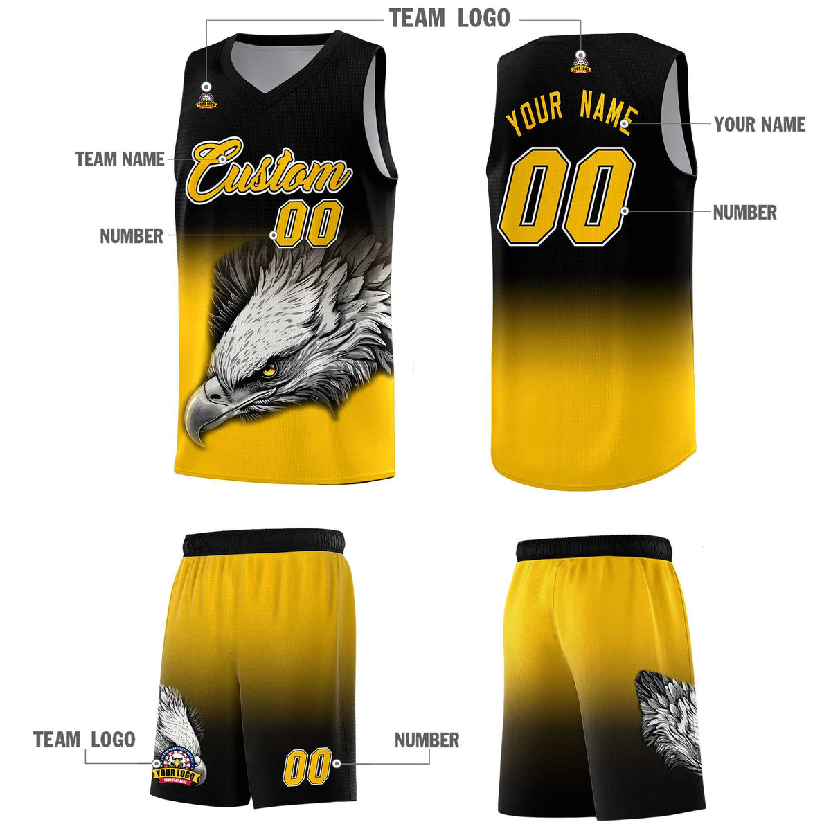 Custom Black Yellow Basketball Kits with Eagle Pattern