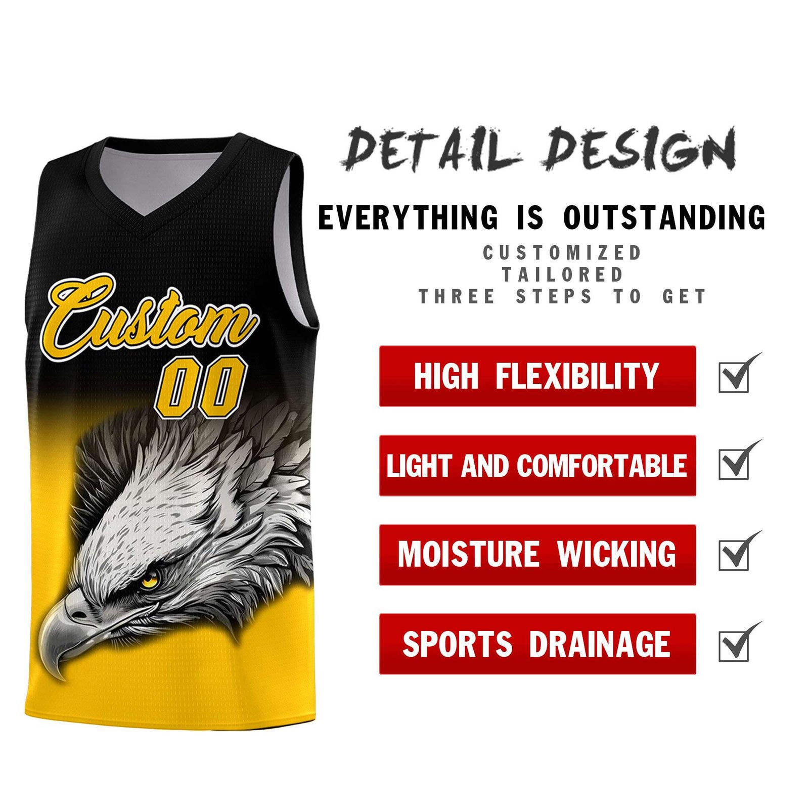 Custom Black Yellow Basketball Kits with Eagle Pattern