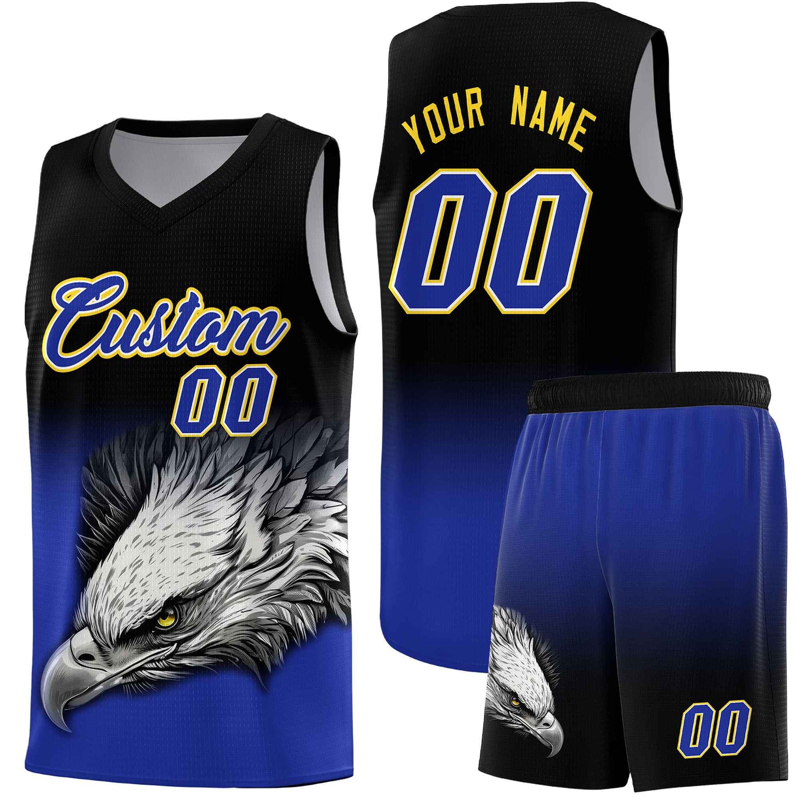 Custom Black Yellow Basketball Kits with Eagle Pattern