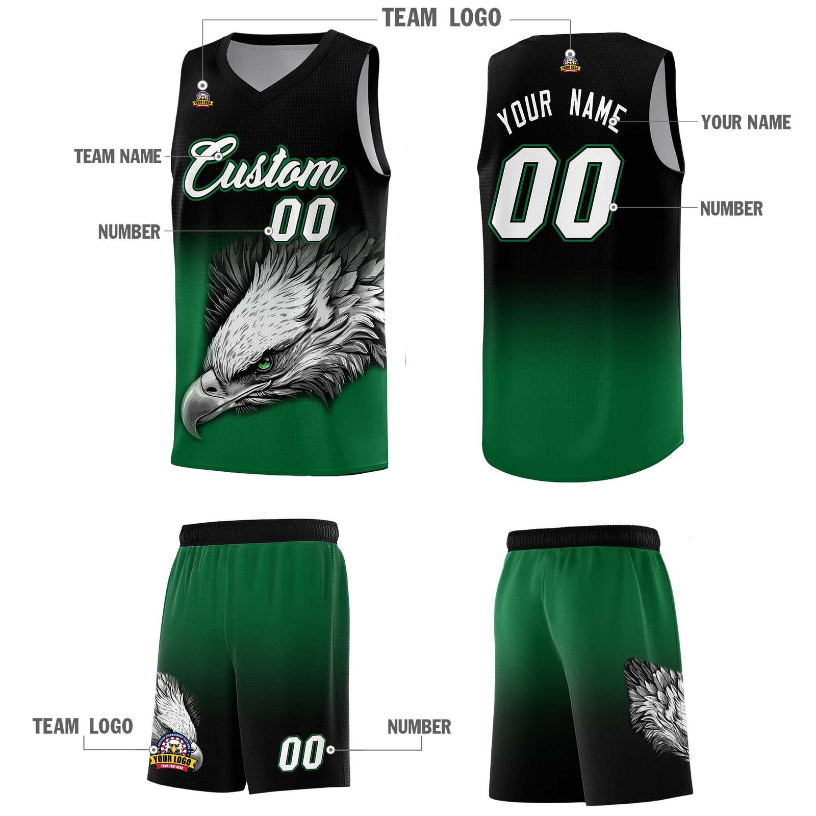 Custom Black Kelly Green Basketball Kits with Eagle Pattern
