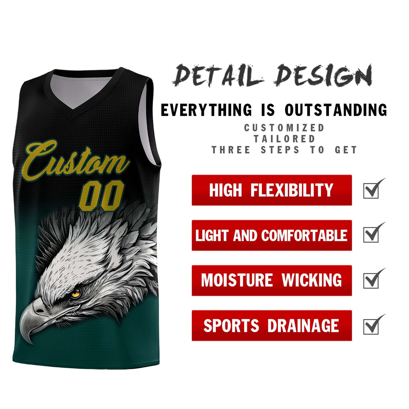 Custom Black Midnight Green Basketball Kits with Eagle Pattern