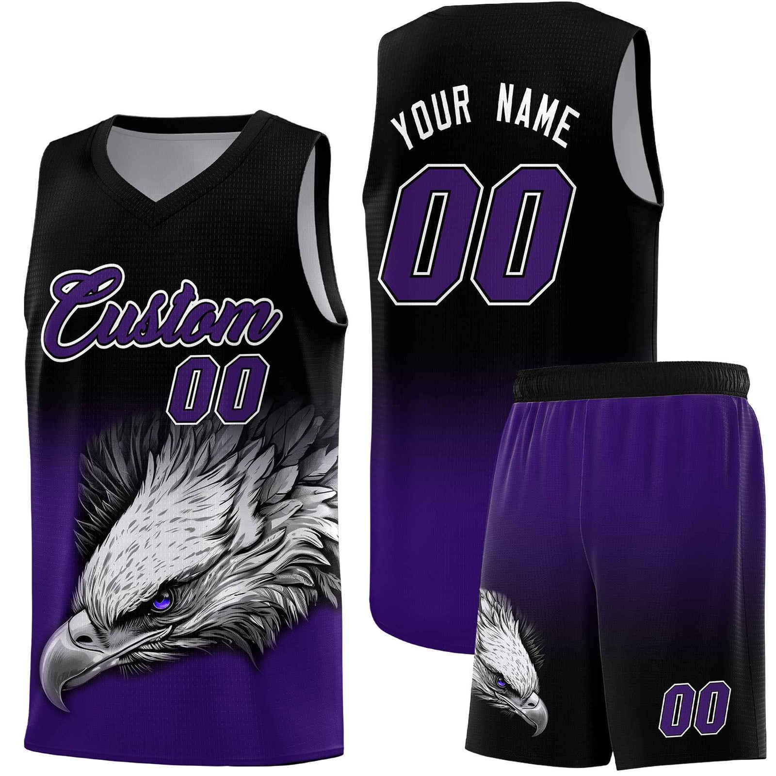 Custom Black Purple Basketball Kits with Eagle Pattern