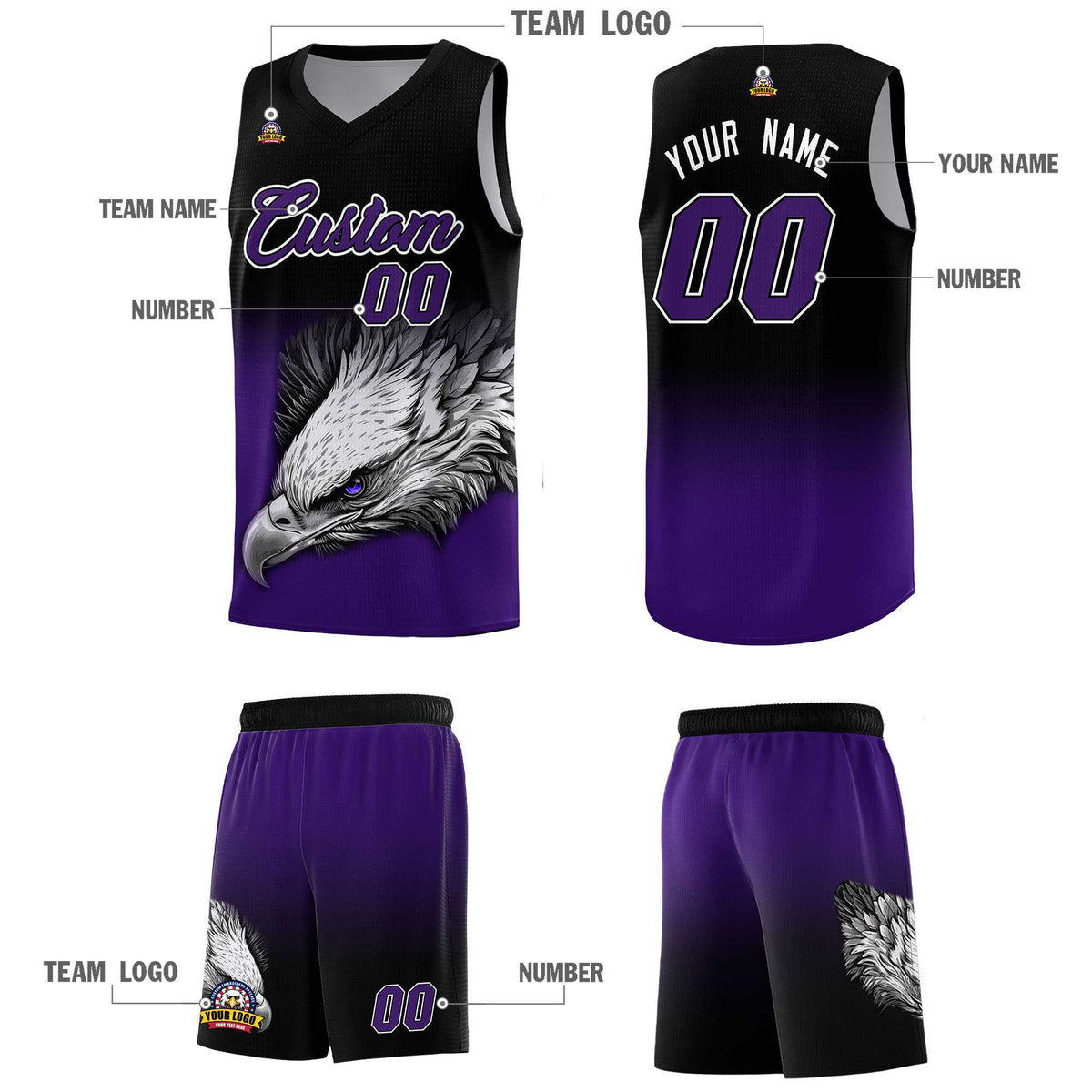 Custom Black Purple Basketball Kits with Eagle Pattern