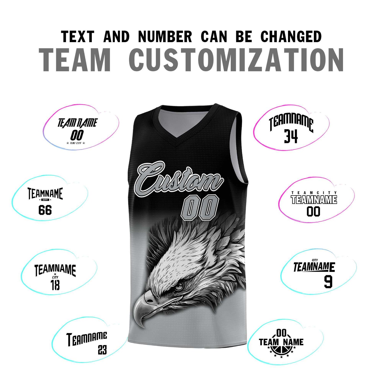 Custom Black Gray Basketball Kits with Eagle Pattern