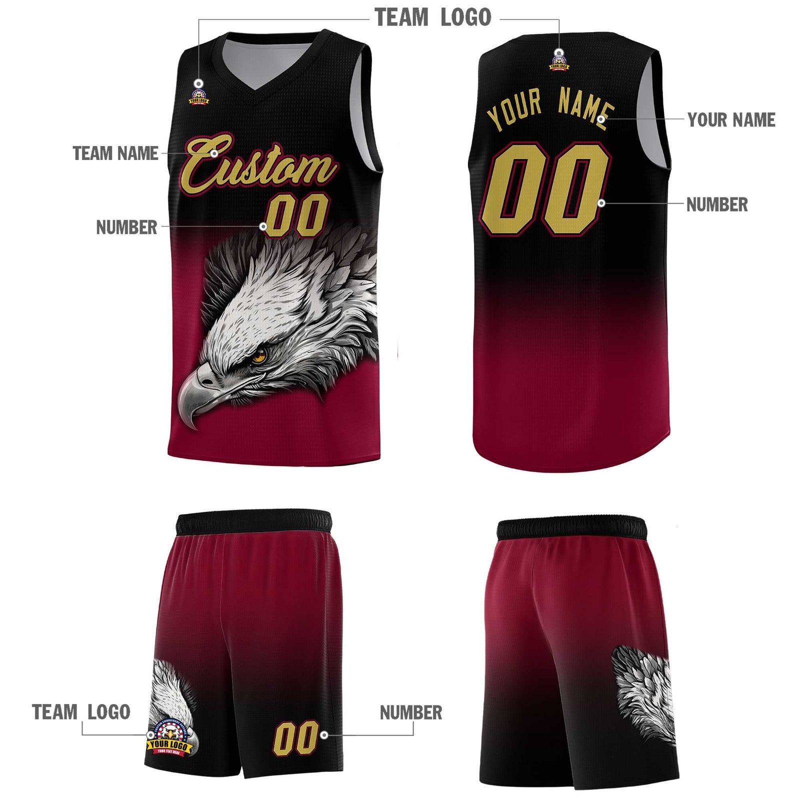 Custom Black Crimson Basketball Kits with Eagle Pattern