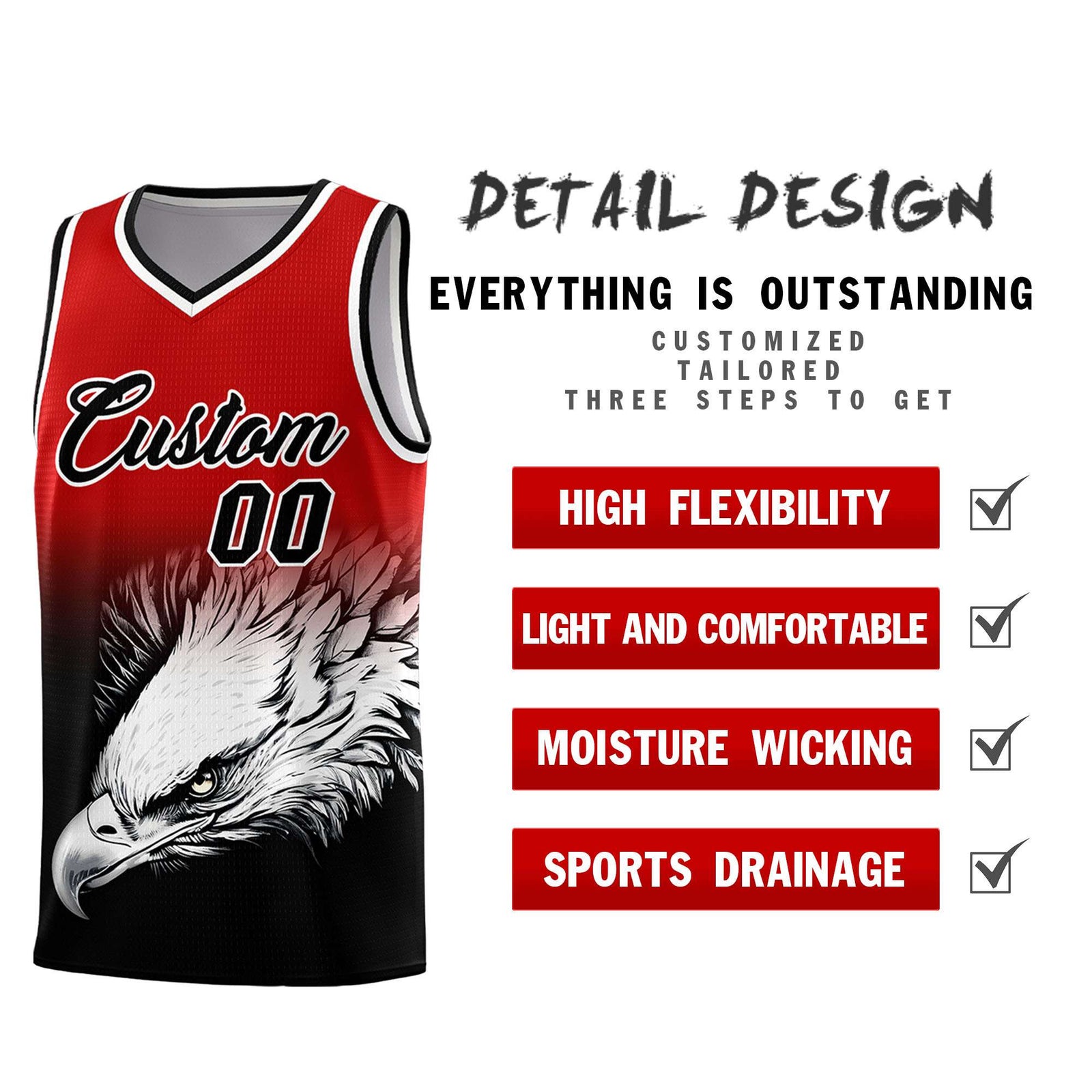Custom Red Black Basketball Kits with Eagle Pattern
