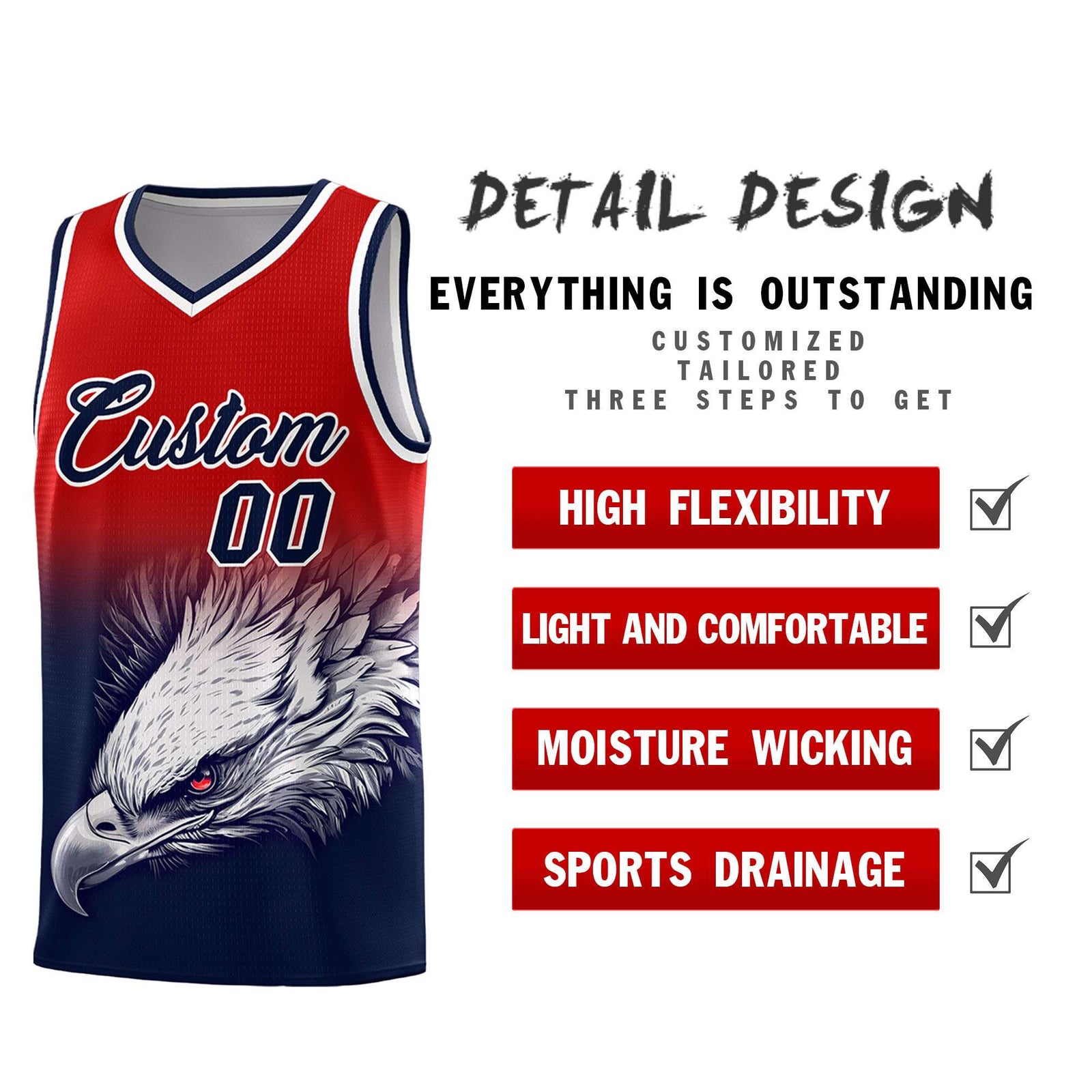 Custom Red Navy Basketball Kits with Eagle Pattern