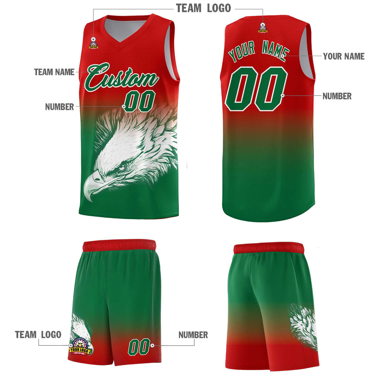 Custom Red Kelly Green Basketball Kits with Eagle Pattern