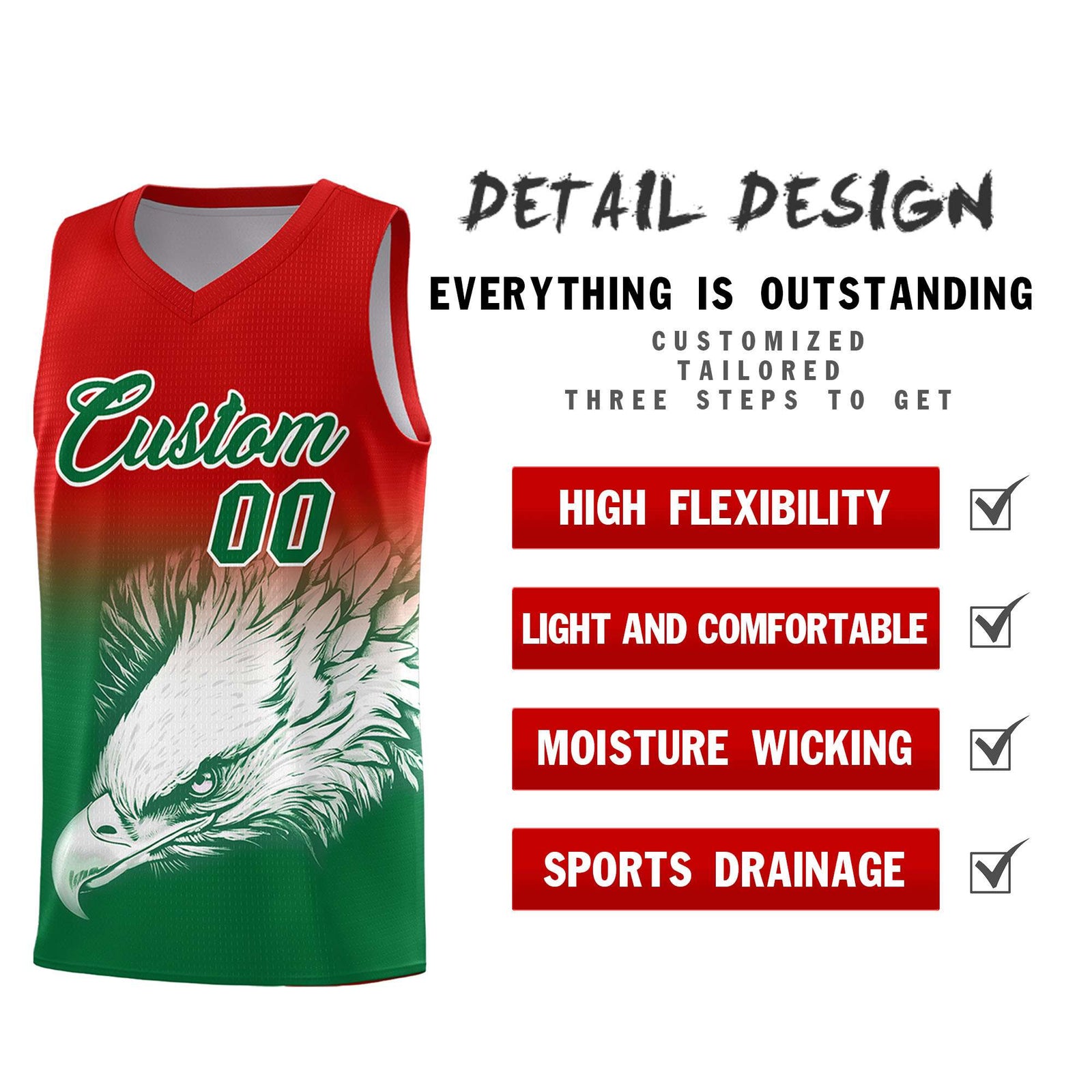 Custom Red Kelly Green Basketball Kits with Eagle Pattern
