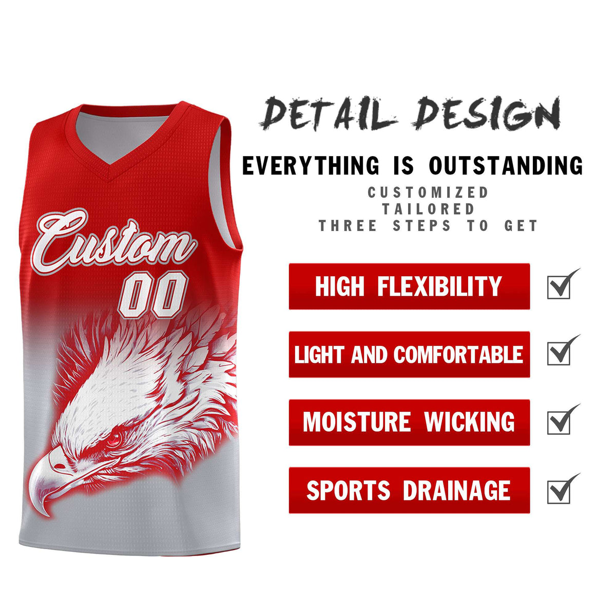 Custom Red Gray Basketball Kits with Eagle Pattern