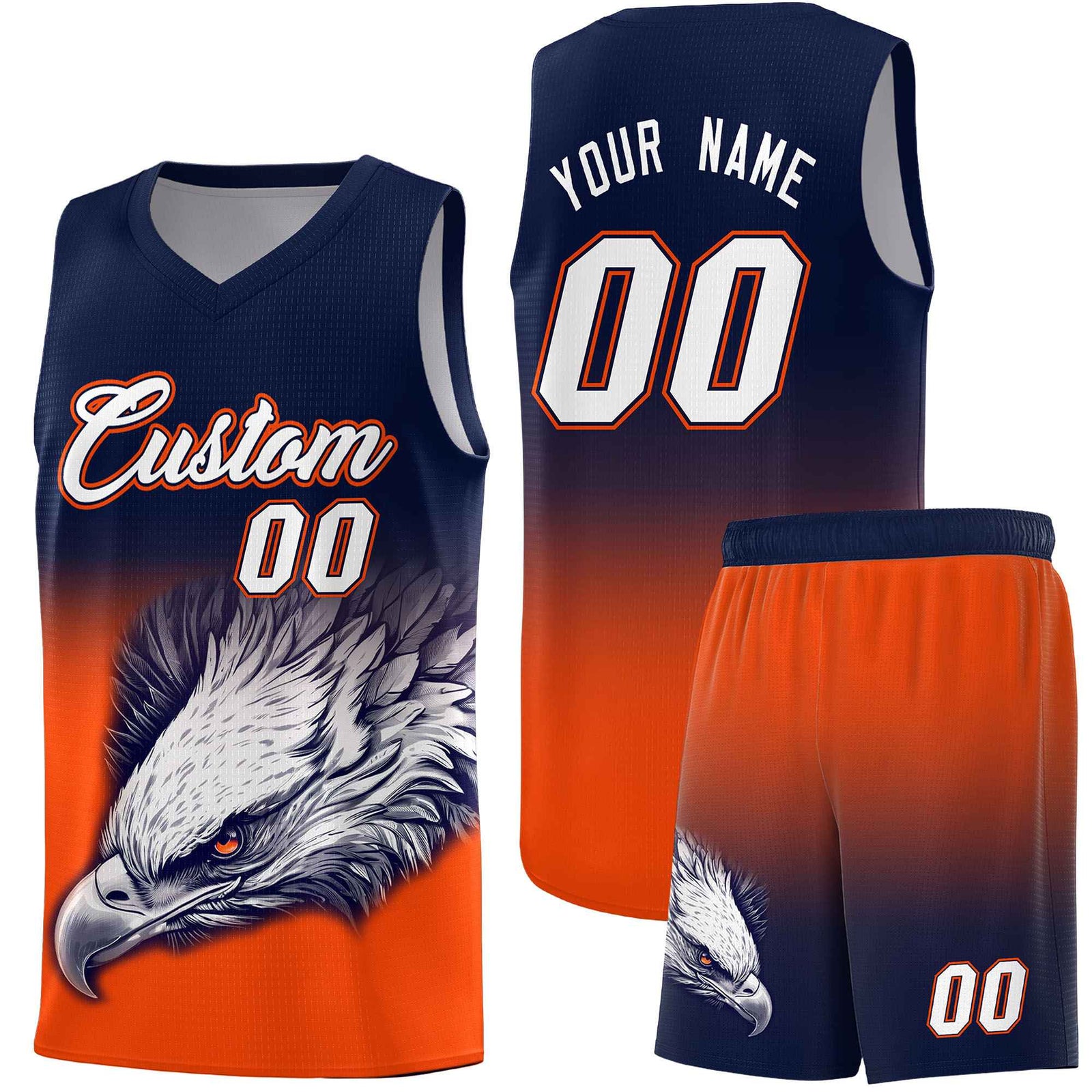 Custom Navy Orange Basketball Kits with Eagle Pattern