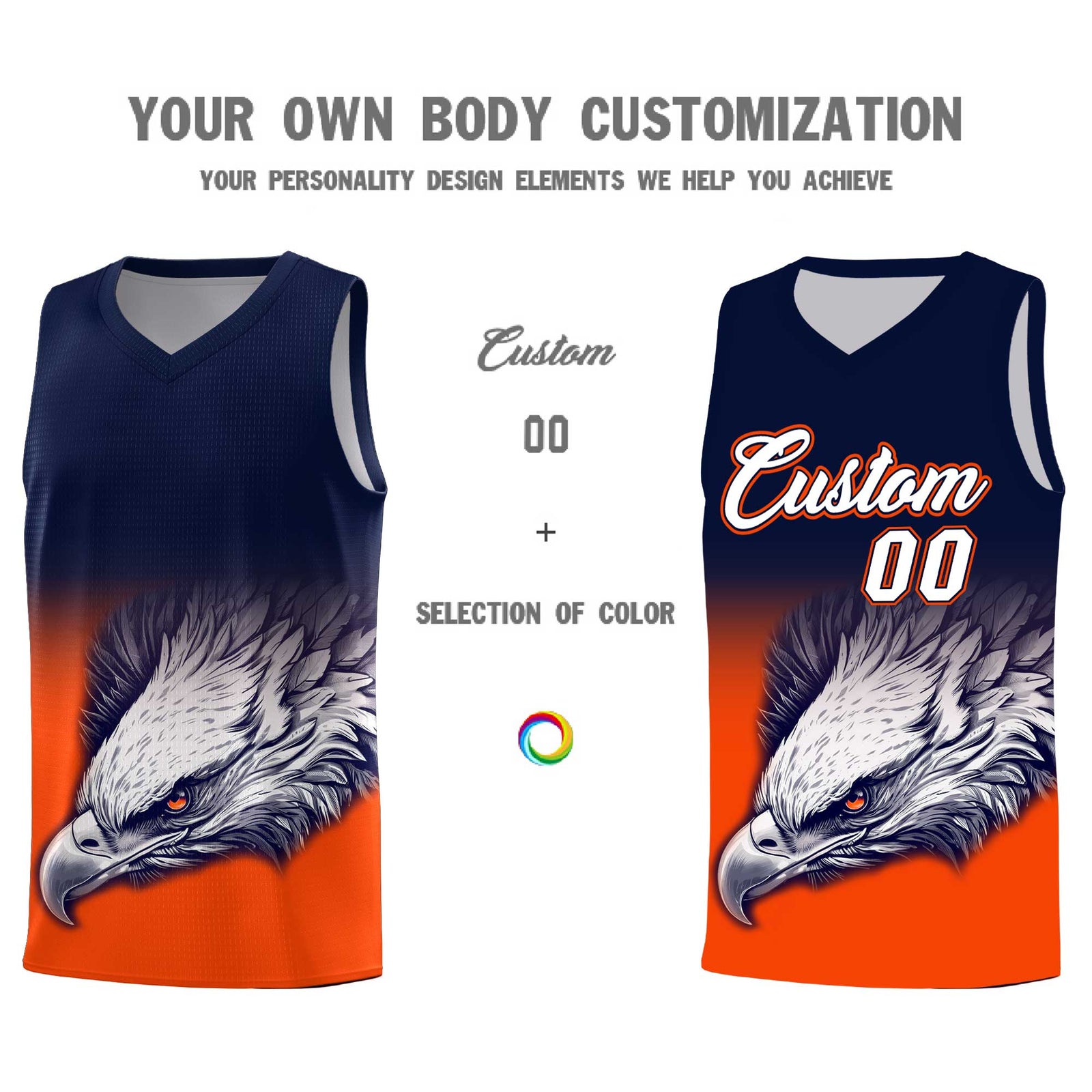 Custom Navy Orange Basketball Kits with Eagle Pattern