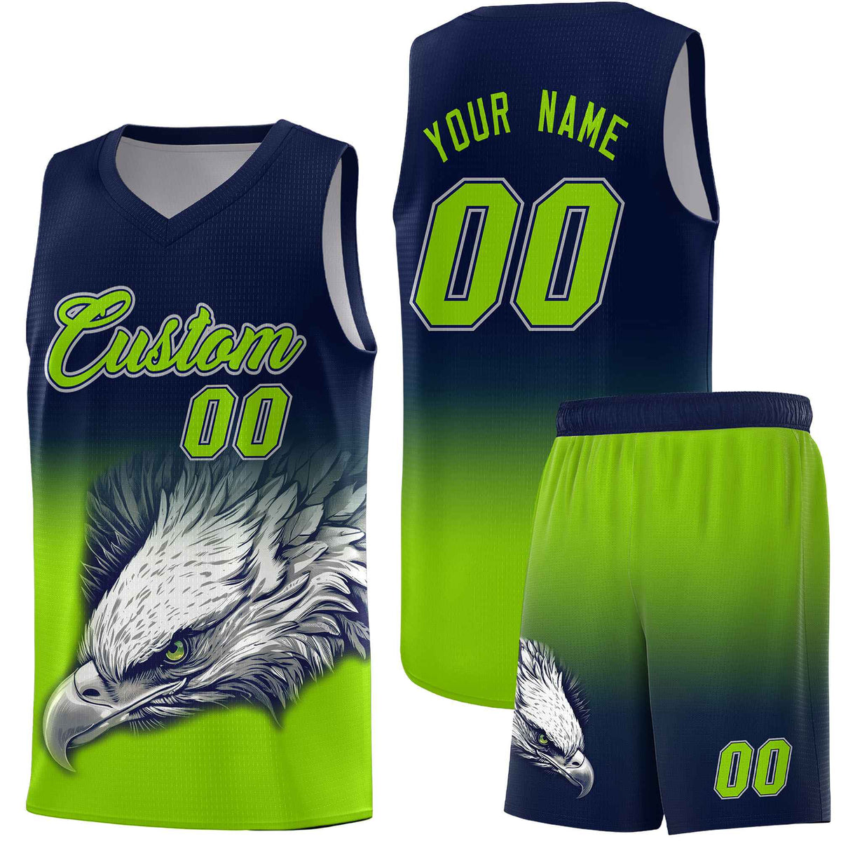 Custom Navy Neon Green Basketball Kits with Eagle Pattern