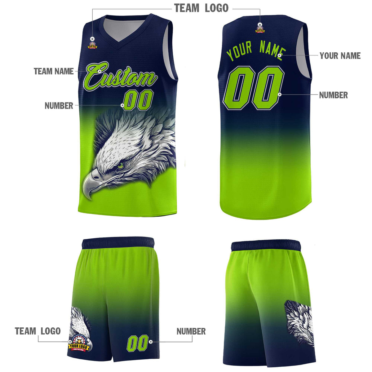 Custom Navy Neon Green Basketball Kits with Eagle Pattern