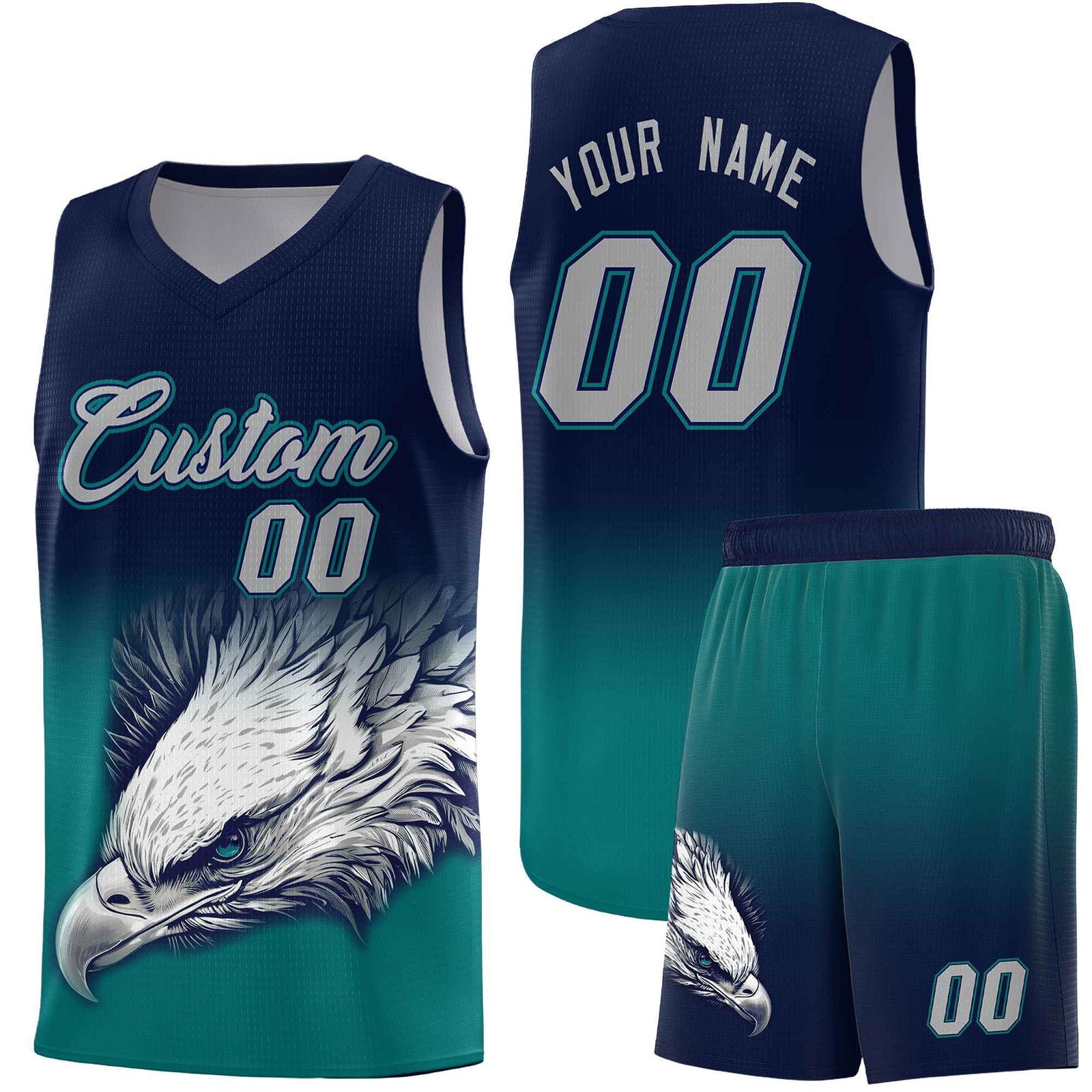 Custom Navy Teal Basketball Kits with Eagle Pattern