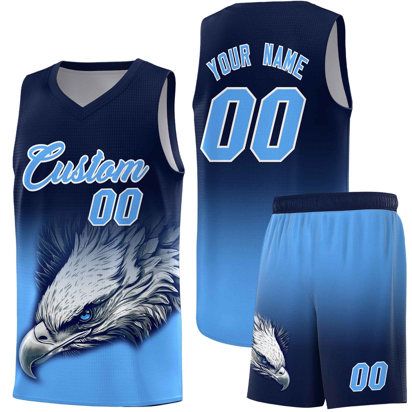 Custom Navy Powder Blue Basketball Kits with Eagle Pattern