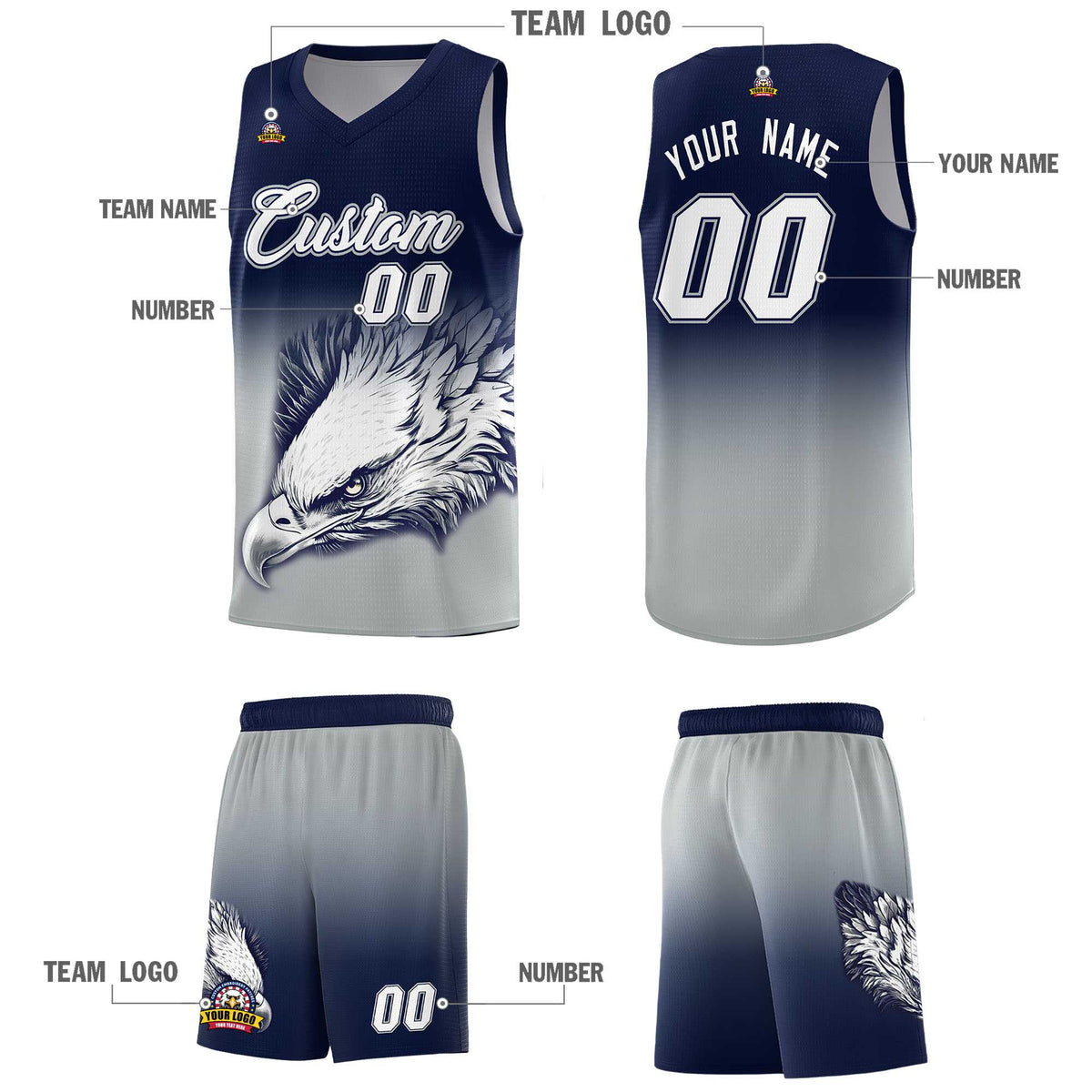 Custom Navy Gray Basketball Kits with Eagle Pattern