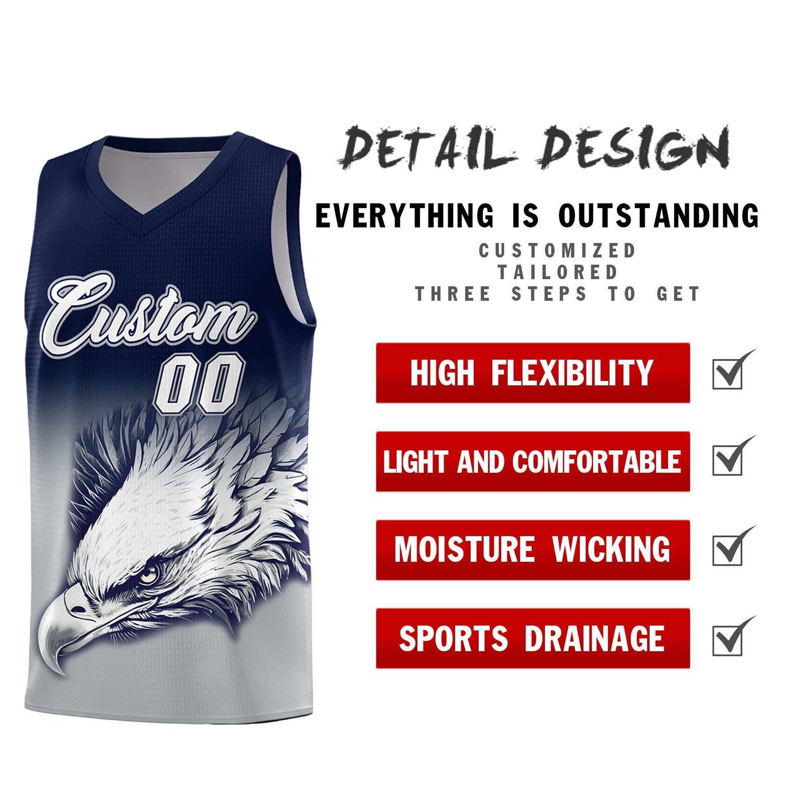 Custom Navy Gray Basketball Kits with Eagle Pattern