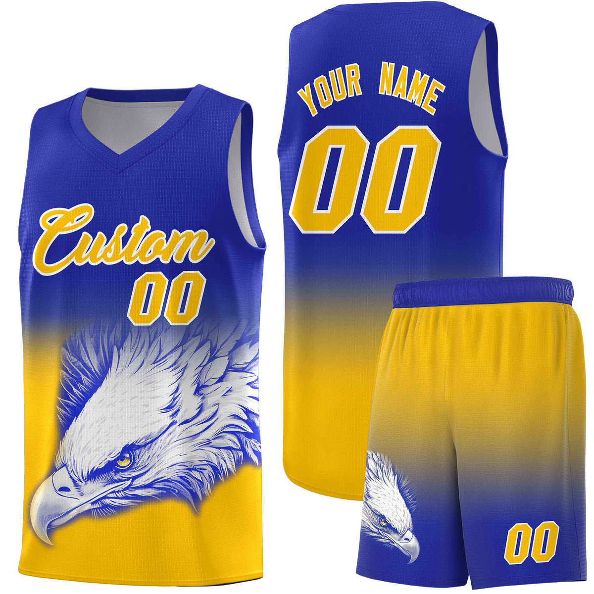 Custom Royal Yellow Basketball Kits with Eagle Pattern