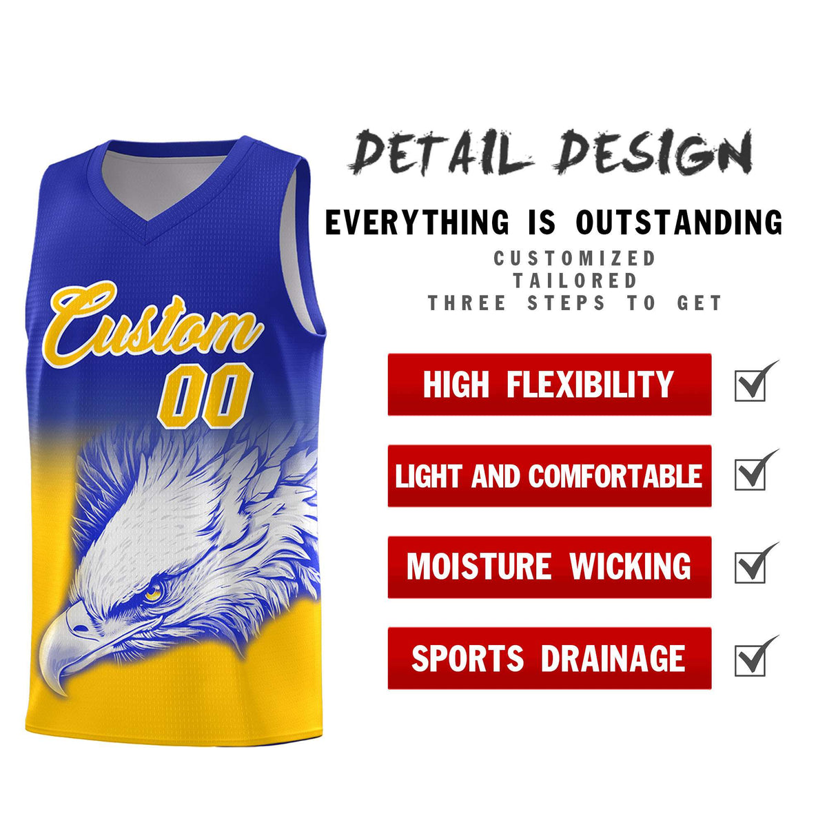 Custom Royal Yellow Basketball Kits with Eagle Pattern