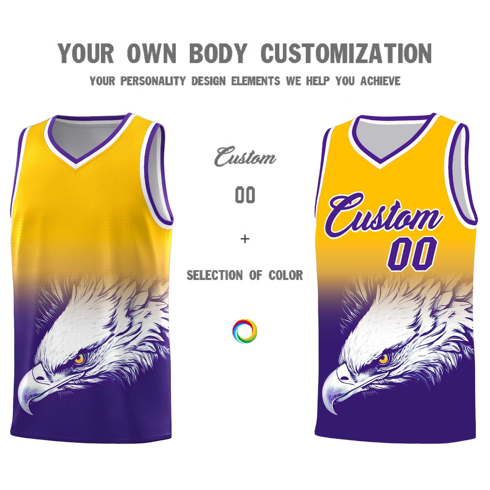 Custom Yellow Purple Basketball Kits with Eagle Pattern