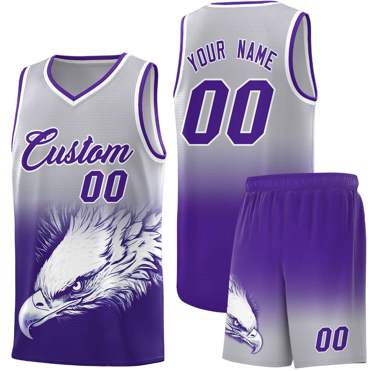 Custom Gray Purple Basketball Kits with Eagle Pattern