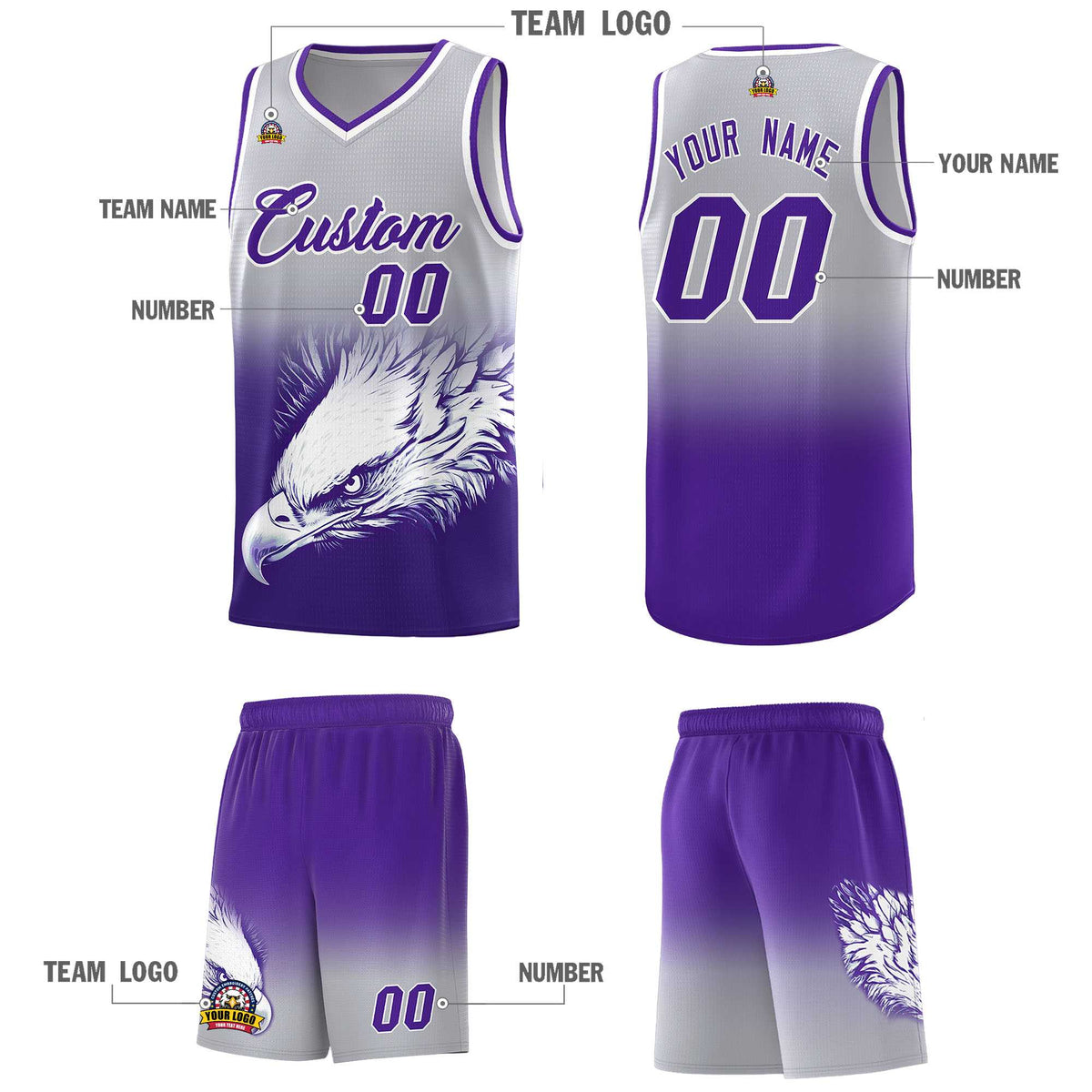 Custom Gray Purple Basketball Kits with Eagle Pattern
