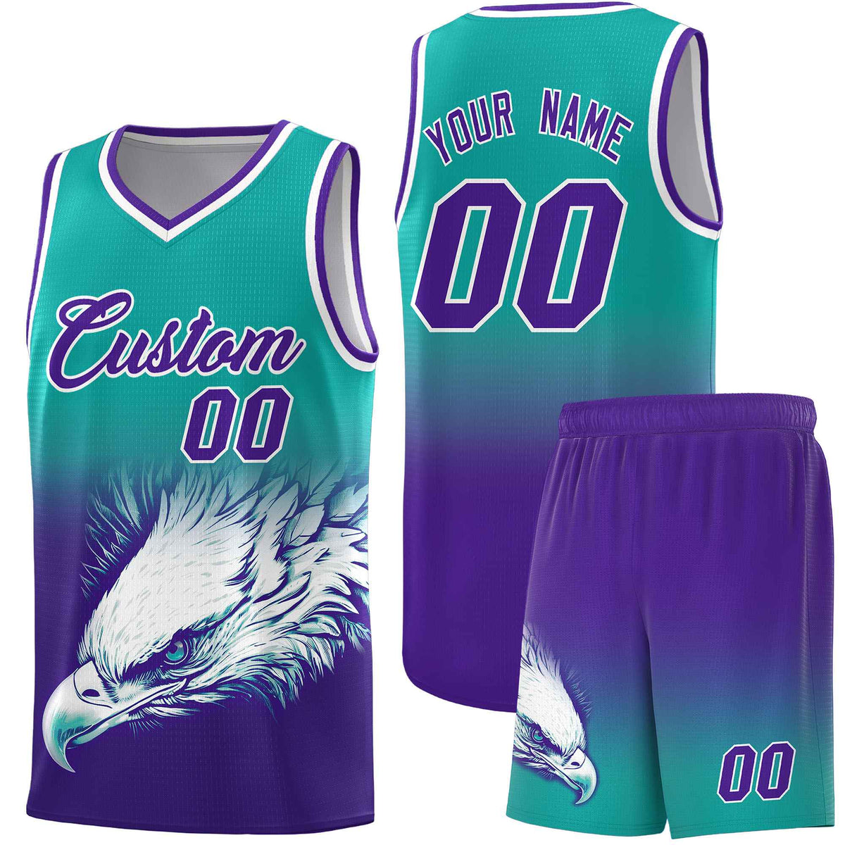 Custom Aqua Purple Basketball Kits with Eagle Pattern