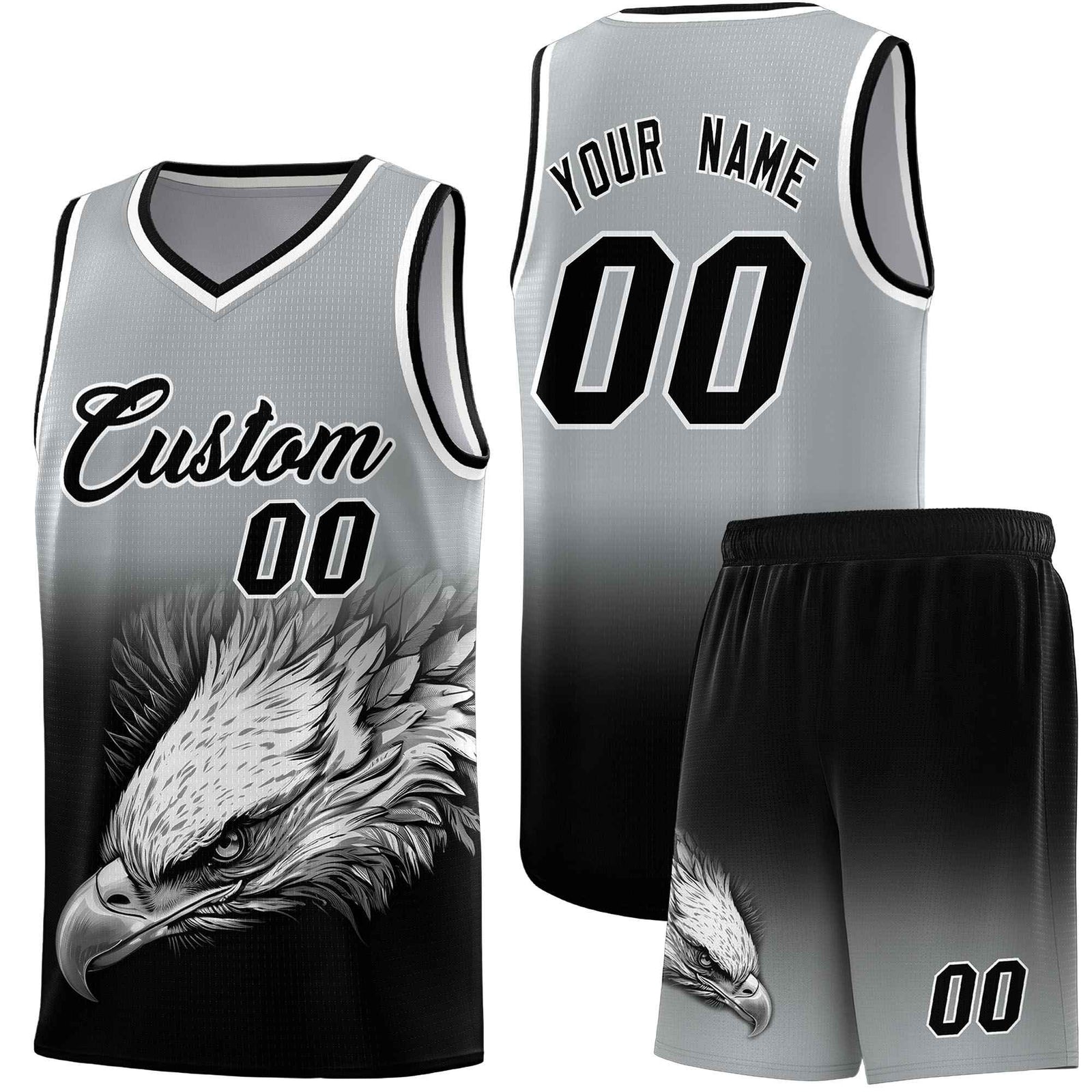 Custom Gray Black Basketball Kits with Eagle Pattern