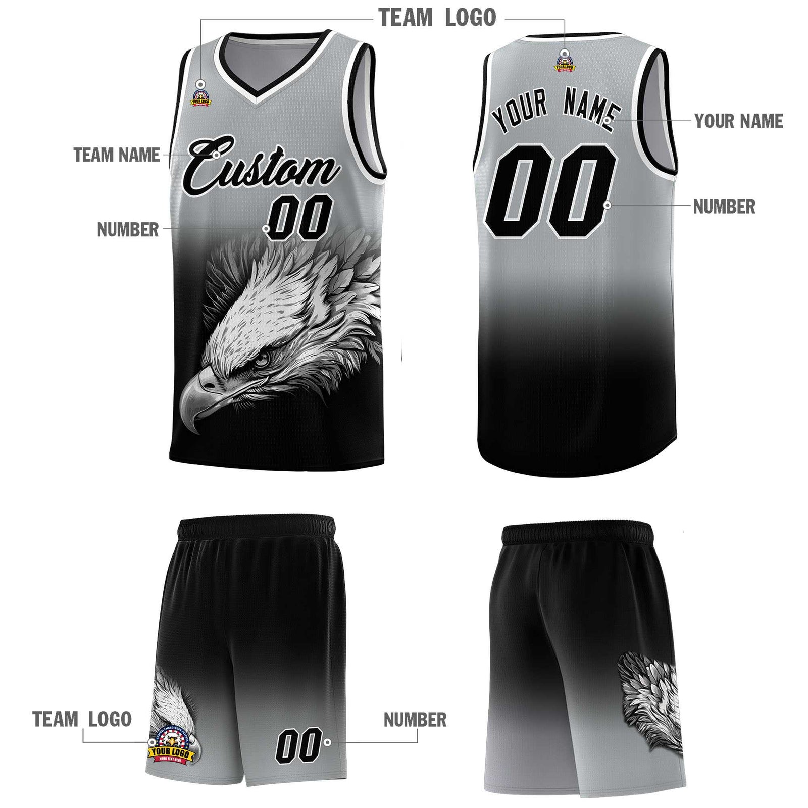 Custom Gray Black Basketball Kits with Eagle Pattern