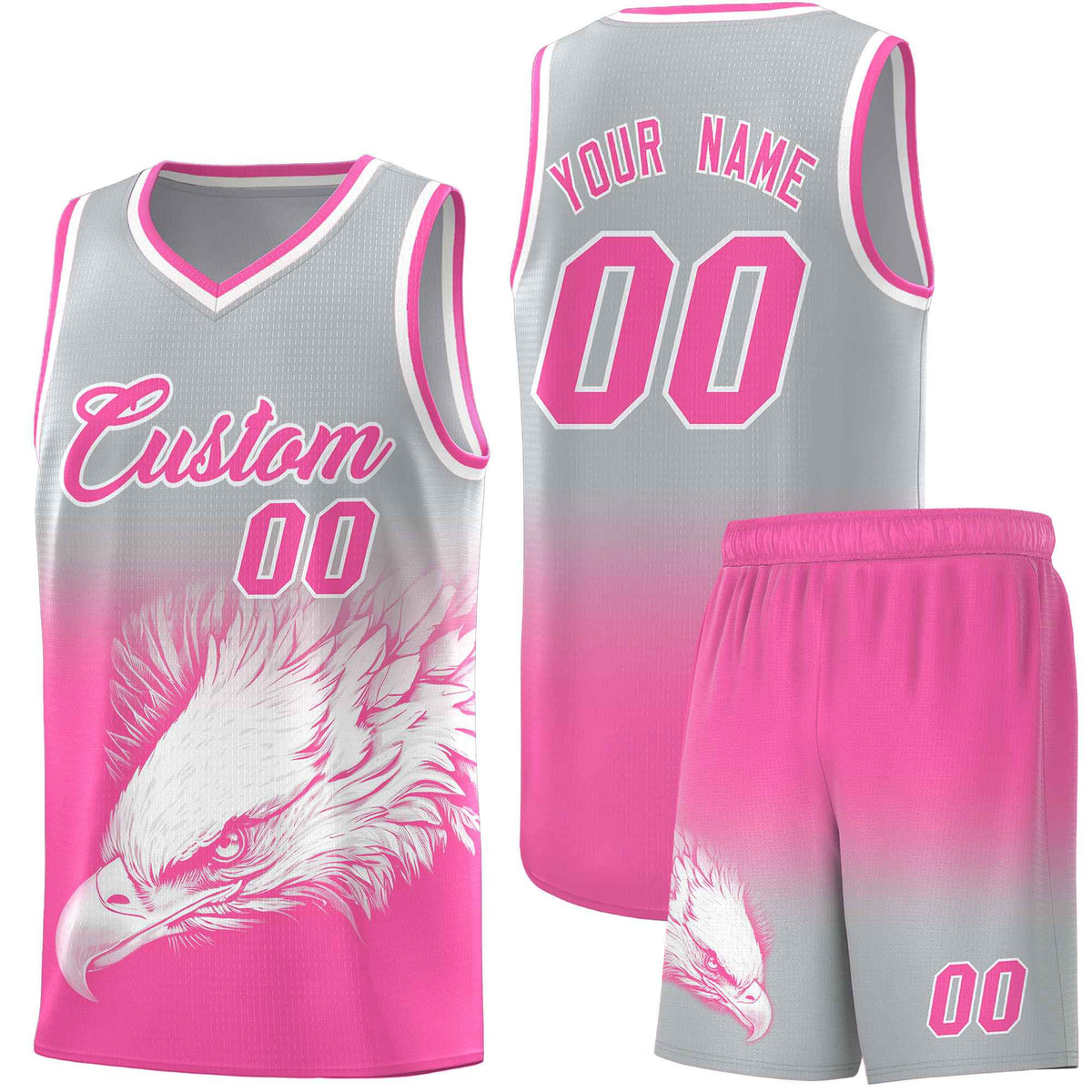 Custom Gray Pink Basketball Kits with Eagle Pattern