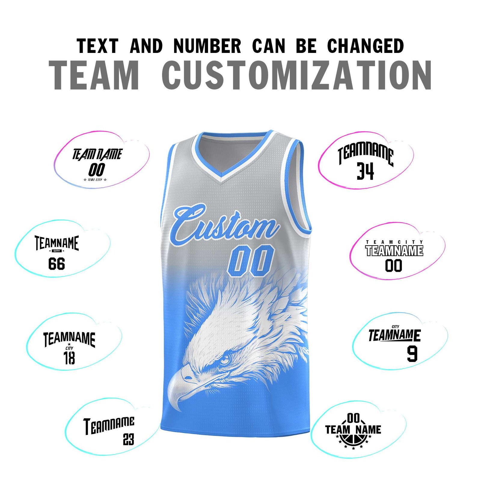 Custom Gray Powder Blue Basketball Kits with Eagle Pattern