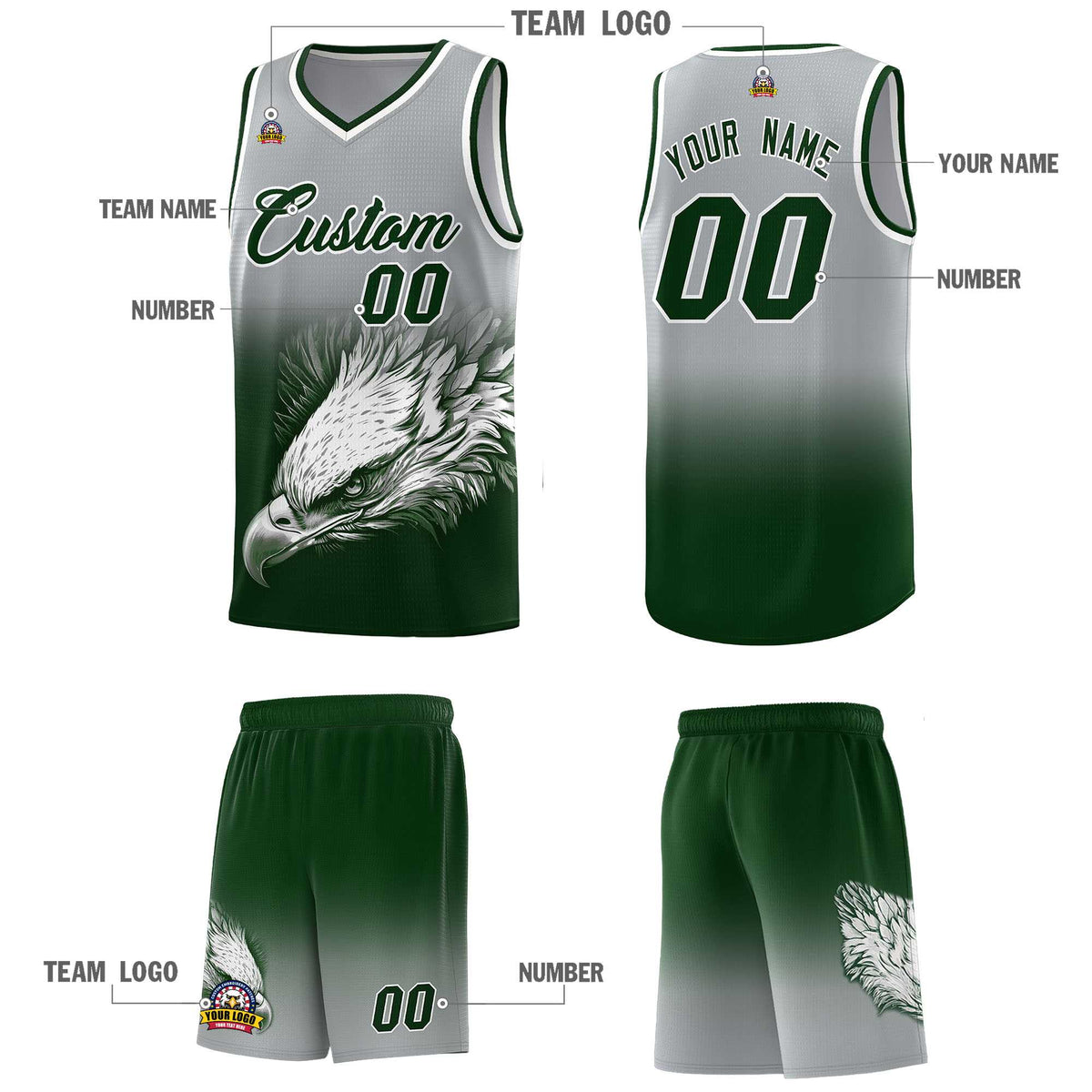 Custom Gray Green Basketball Kits with Eagle Pattern