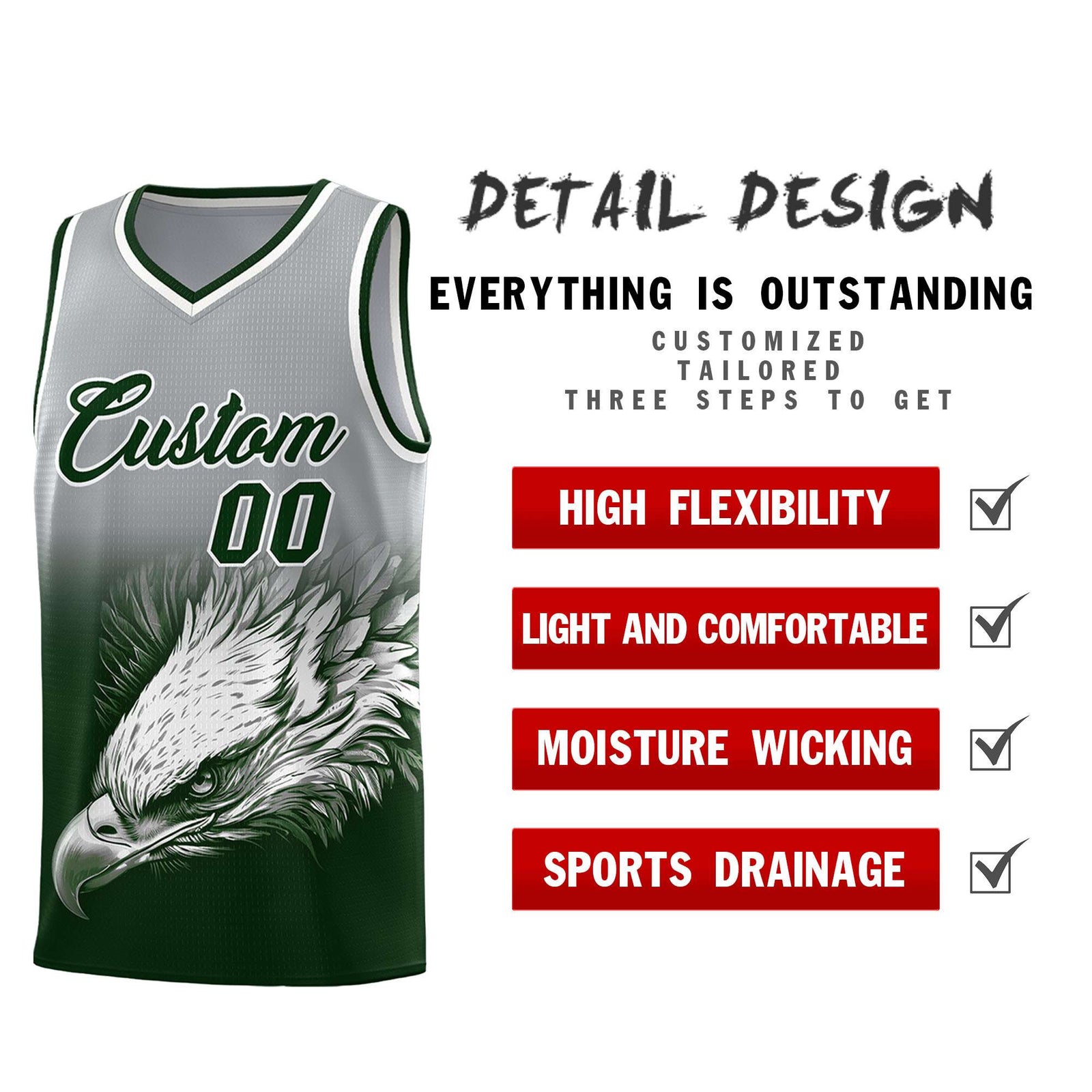 Custom Gray Green Basketball Kits with Eagle Pattern