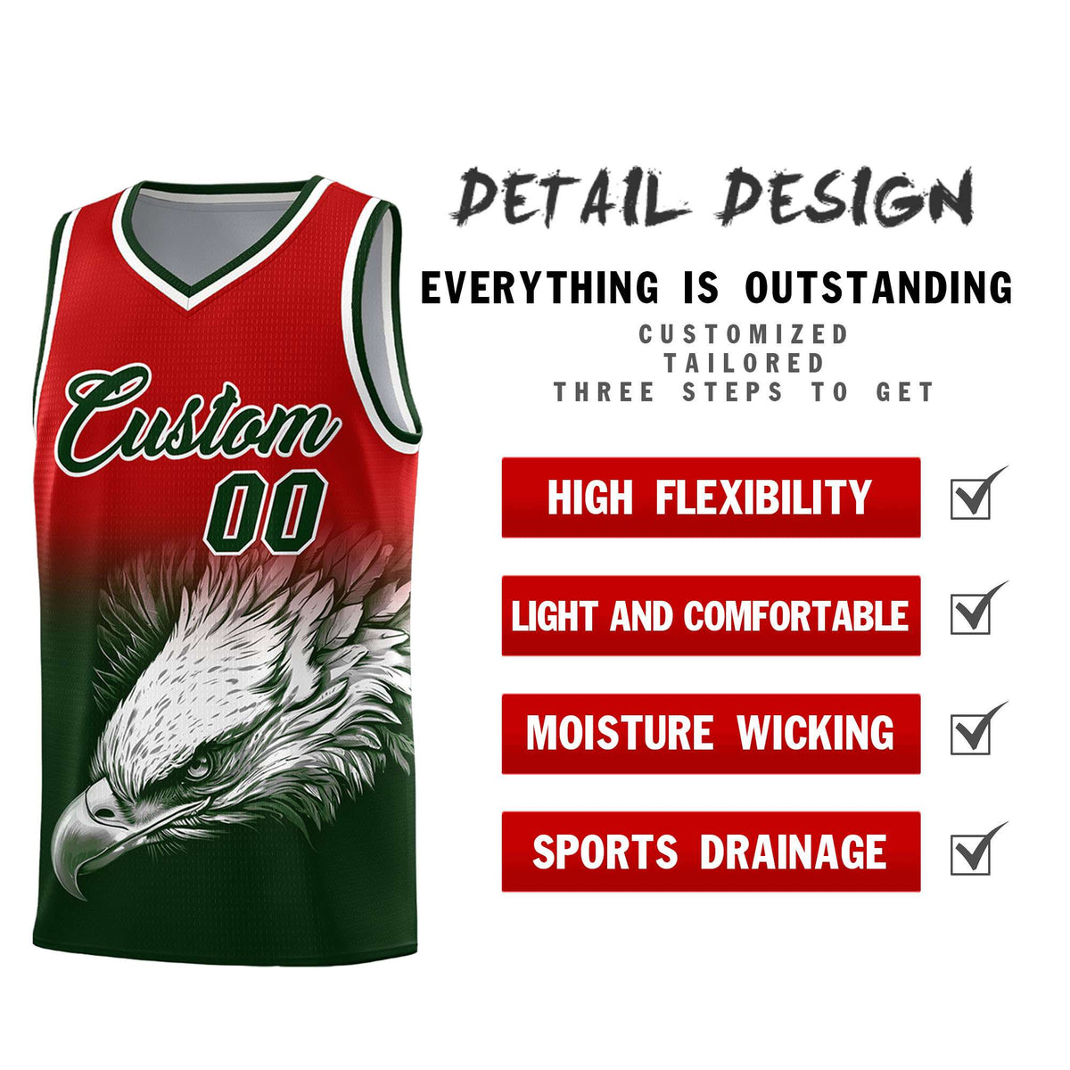 Custom Red Green Basketball Kits with Eagle Pattern
