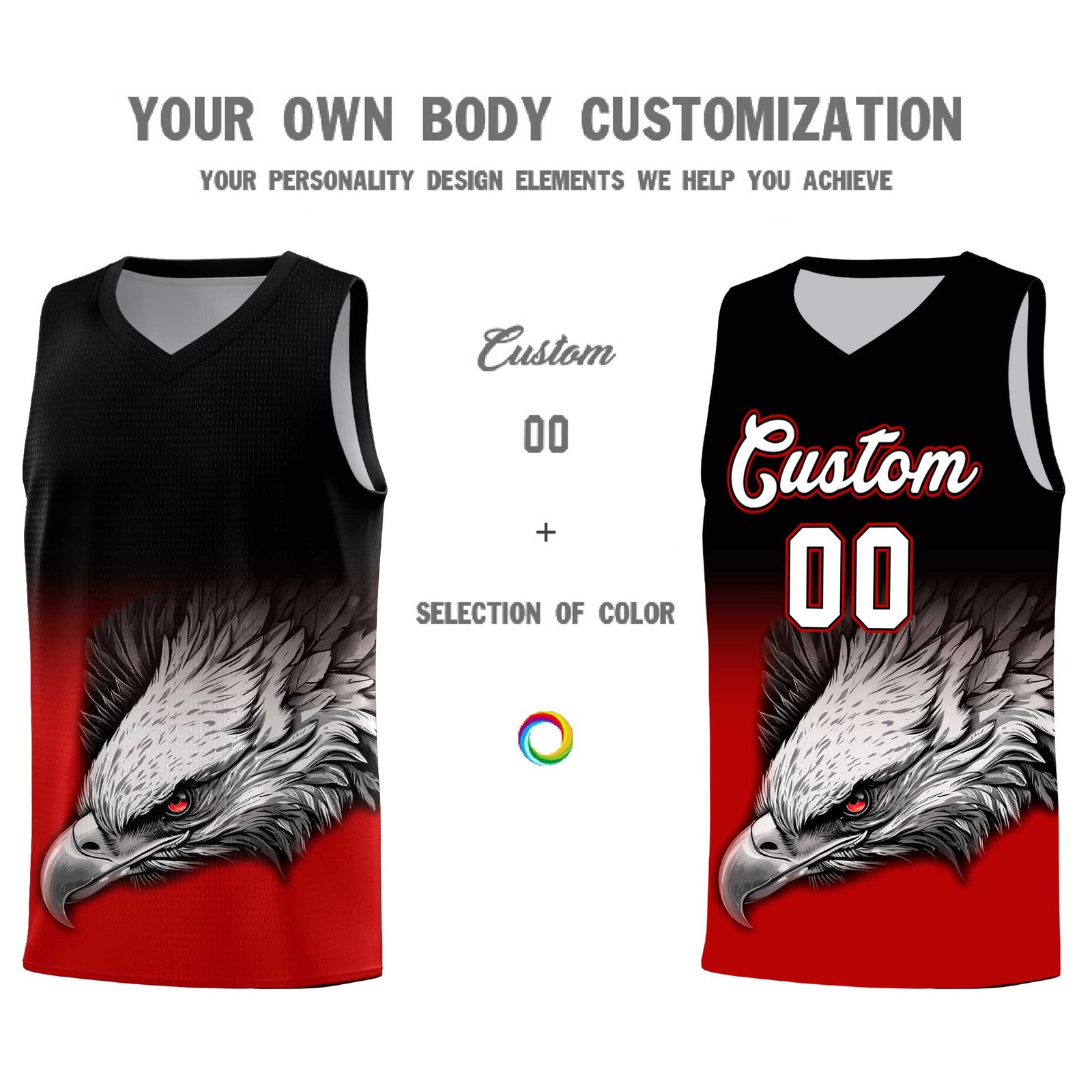 Custom Black Red Basketball Kits with Eagle Pattern