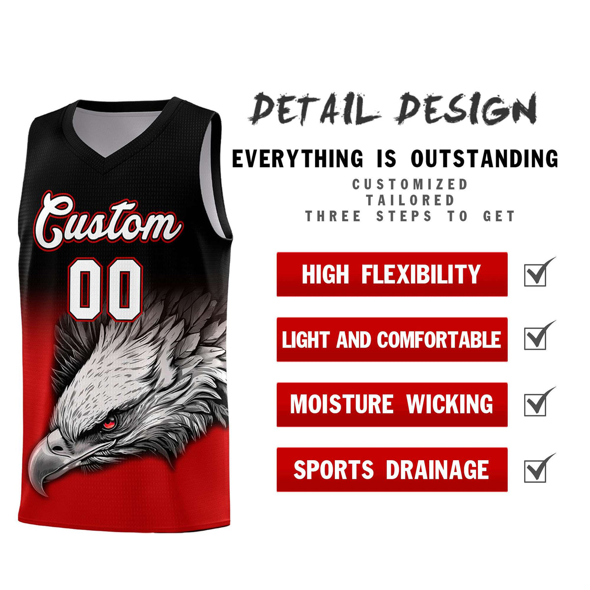 Custom Black Red Basketball Kits with Eagle Pattern