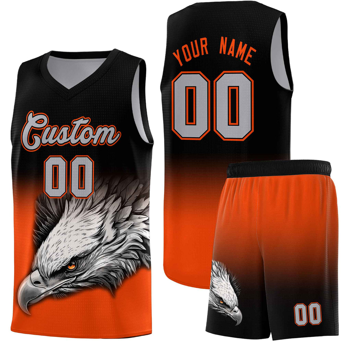 Custom Black Orange Basketball Kits with Eagle Pattern