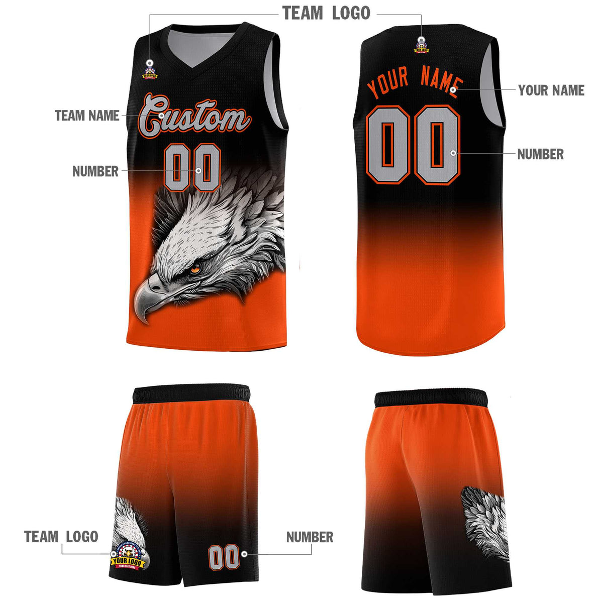 Custom Black Orange Basketball Kits with Eagle Pattern