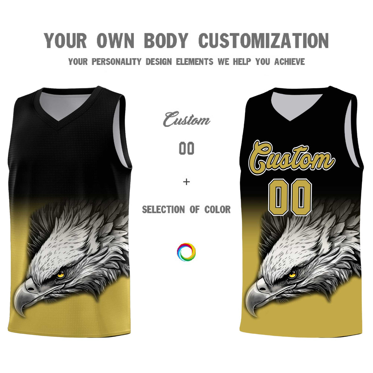 Custom Black Old Gold Basketball Kits with Eagle Pattern