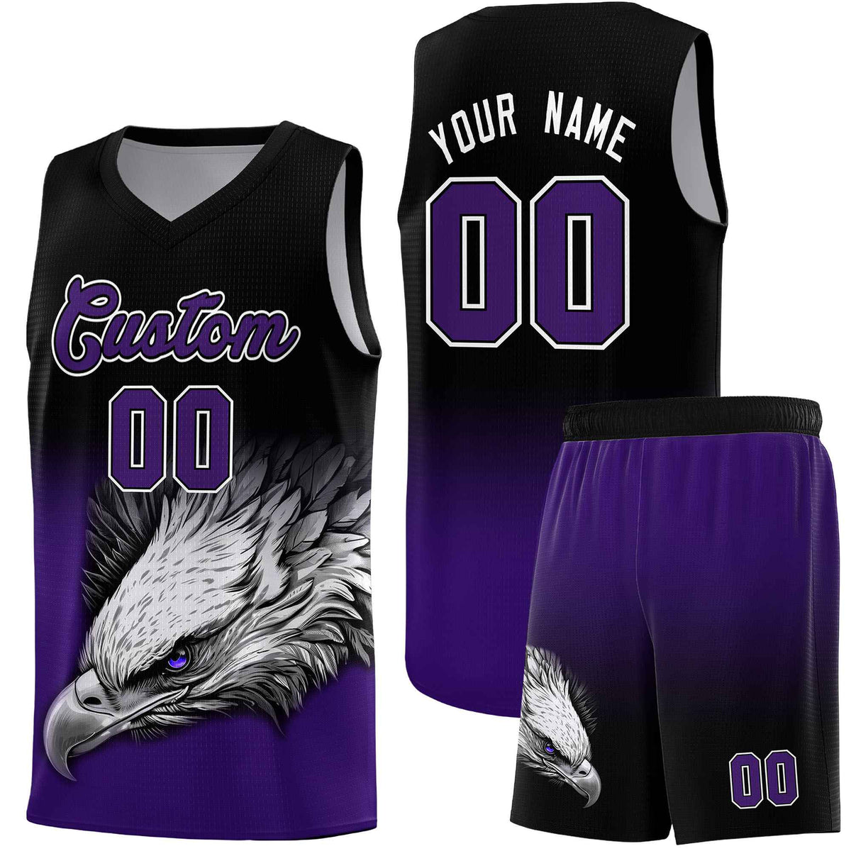 Custom Black Purple Basketball Kits with Eagle Pattern