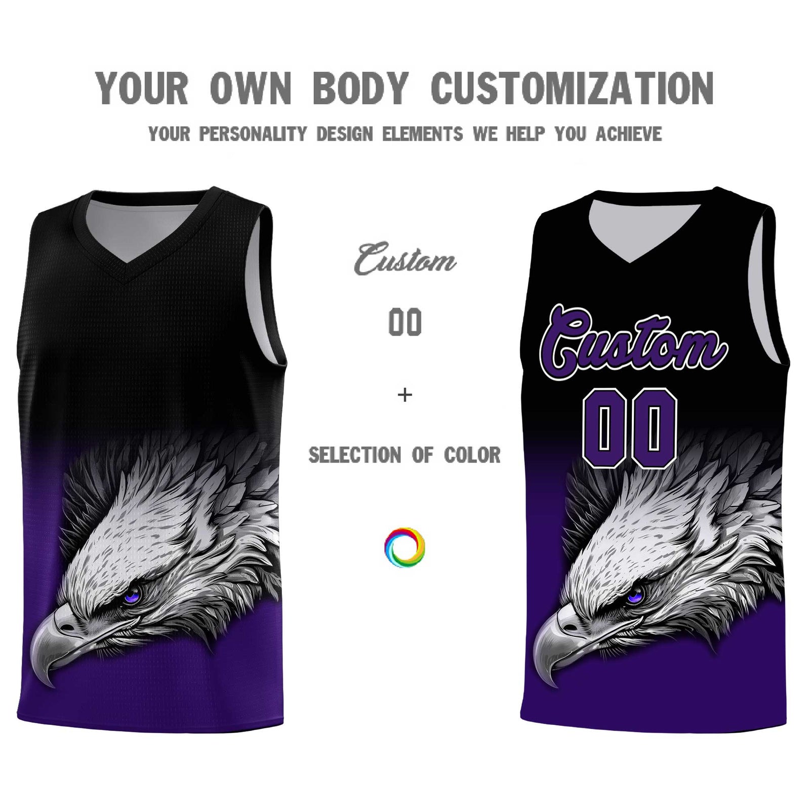 Custom Black Purple Basketball Kits with Eagle Pattern