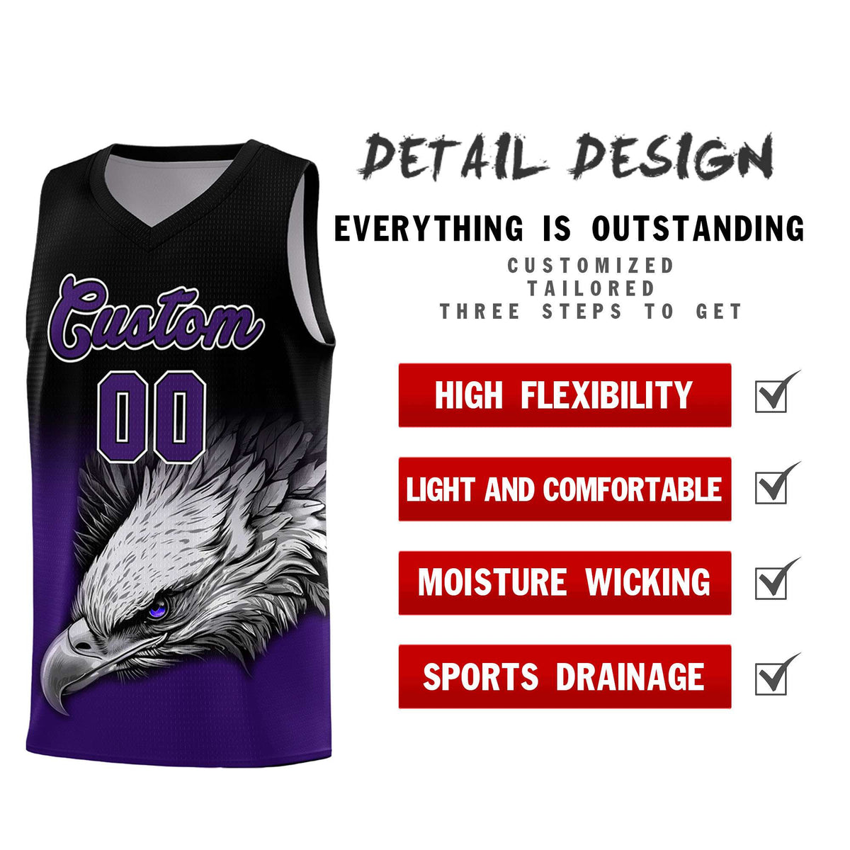 Custom Black Purple Basketball Kits with Eagle Pattern